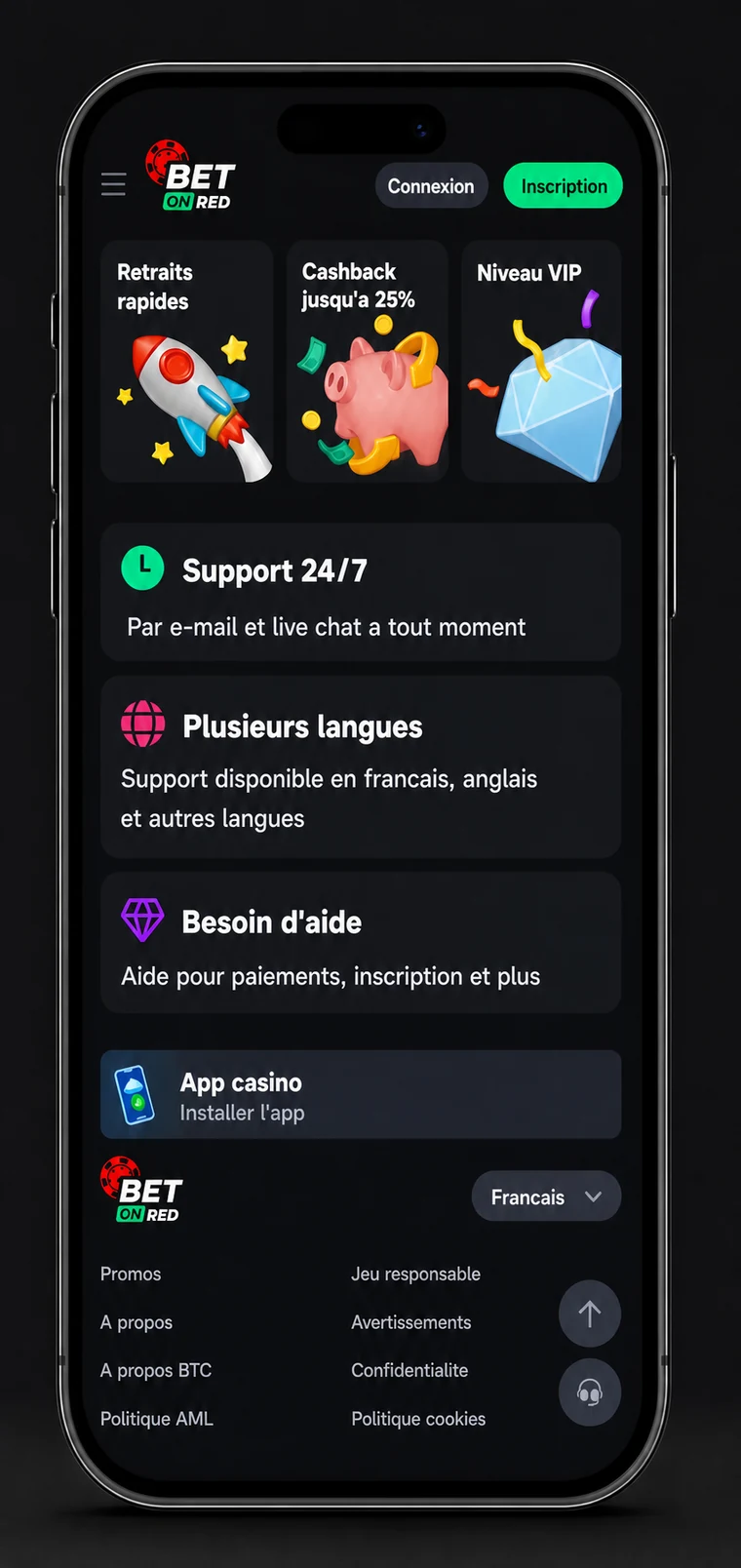 Application Bet On Red France avec support et informations du compte